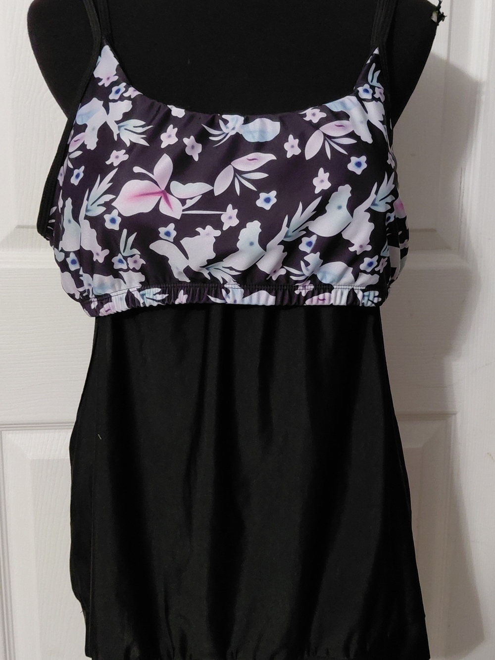 Black Floral-Print Camisole Tankini with Pastel Accents